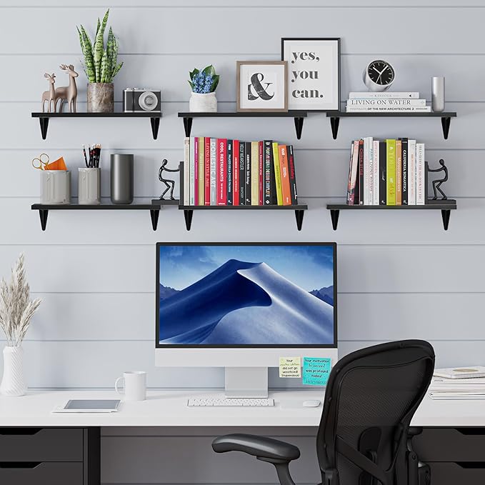 Wallniture Arras Wood Floating Shelves for Wall Storage, Small Bookshelf, Hanging Book Shelves for Living Room, Bedroom, Office, Burnt Finish, Set of 10 (Black)