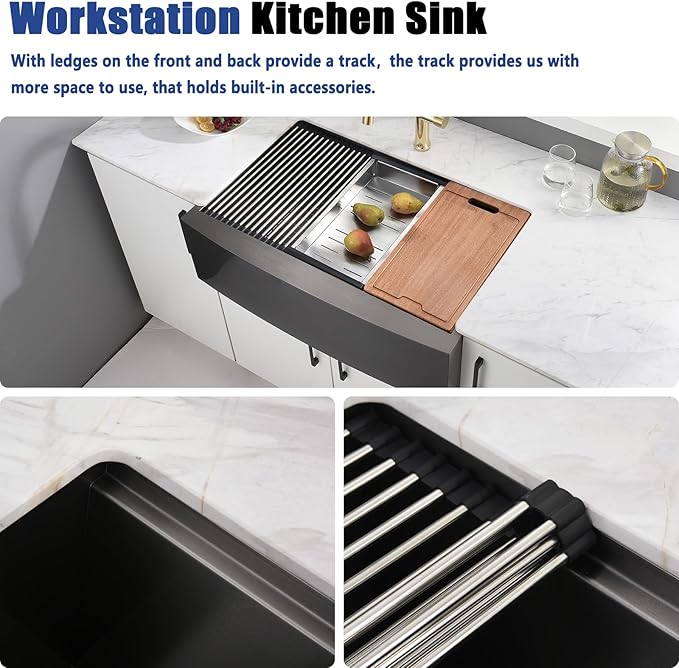 33x22 Double Bowl Farm Sink for Kitchens Workstation - 33 Inch Black Stainless Steel Farmhouse Kitchen Sink Double Bowl, Apron Undermount Double Kitchen Sink with Accessories