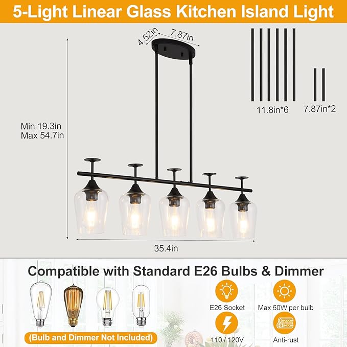 5-Light Linear Chandelier 35.4in Black Kitchen Island Lighting Fixture Dining Room Light Fixture Pendant Lights Ceiling Hanging Modern Kitchen Chandeliers Over Table with Clear Glass Shades