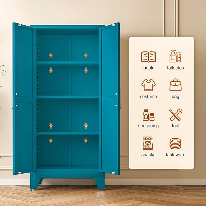 LCAOPC 61" Tall Metal Storage Cabinet with 2 Doors and 3 Adjustable Shelves, 4-Tier Kitchen Pantry Storage Cabinet for Kitchen, Living Room, Dining Room and Office, Blue