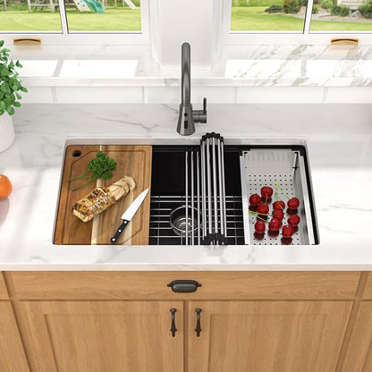 Granite Composite Kitchen Sink - 32 Inch Granite Kitchen Sink Undermount All-In One Workstation Matte Black Quartz Classic Under Counter Single Bowl Sinks for Kitchen, 32"x19" #TLGU-132