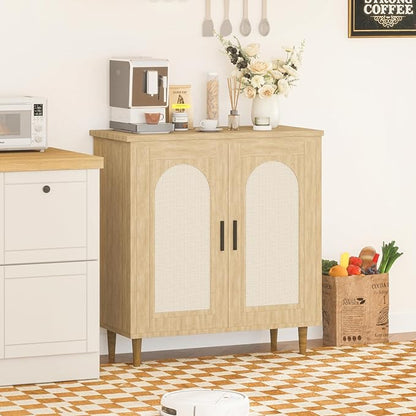 GarveeHome Sideboard Buffet Kitchen Storage Cabinet with Rattan, Solid Wood Feet for Living Room, Hallway, Entryway, Cabinet with Ample Storage Space(1PCS)