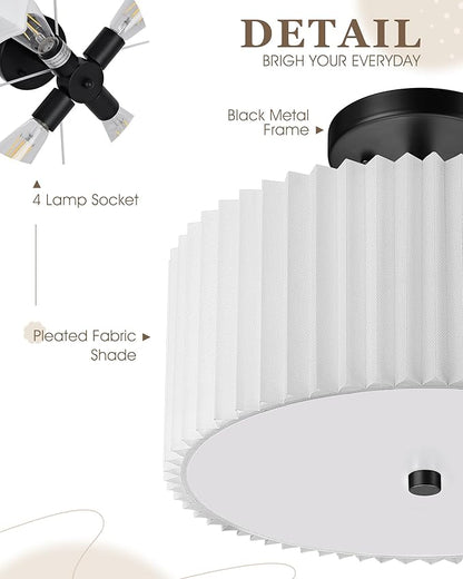 Semi Flush Mount Ceiling Lights, 4-Light 18" Matte Black Ceiling Light Fixture with White Pleated Fabric Shade, Drum Lamp for Nursery Hallway Bedroom Kitchen, AD-25036-4SF-BK