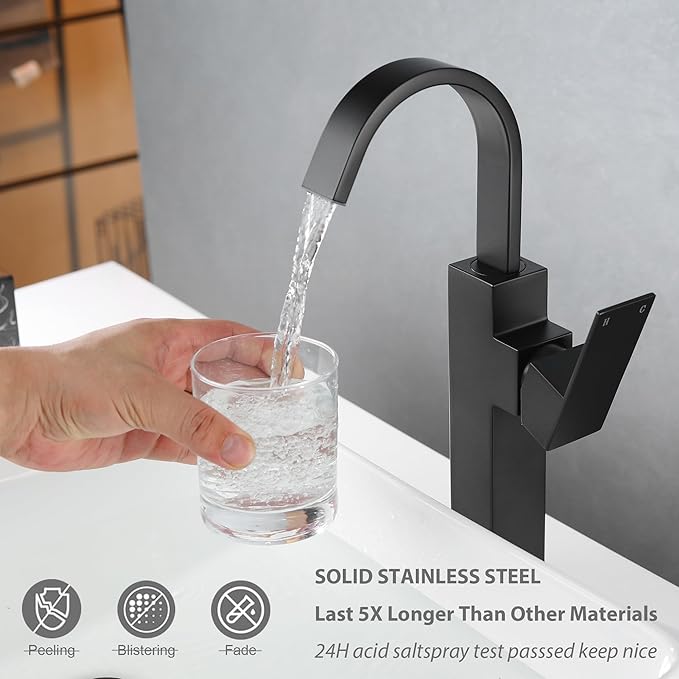 Matte Black Vessel Sink Faucet, Single Handle Tall Bathroom Faucet，Waterfall Bathroom Faucet Single Hole Lavatory Vanity Tap Single Hole Bar Sink Faucet with Pop Up Drain and Supply Lines,SL50044BK