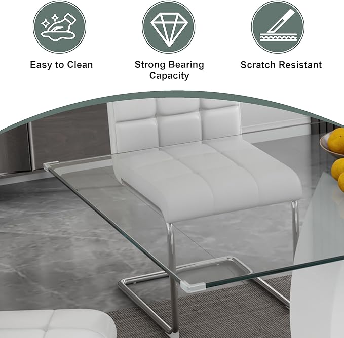 63" Glass Dining Table, Rectangular Kitchen Table with Tempered Glass Tabletop and White O-Shaped MDF Base, Modern Dining Room Table for Kithchen, Living Room