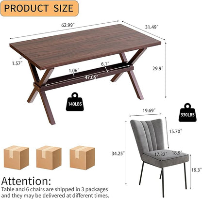 HIPIHOM 63 Inch Modern Dining Room Table Set for 6, MDF Kitchen Table with Upholstered Chairs, Scratch-Resistant Surface, Strong Metal Legs, Great for Apartments and Breakfast Nooks