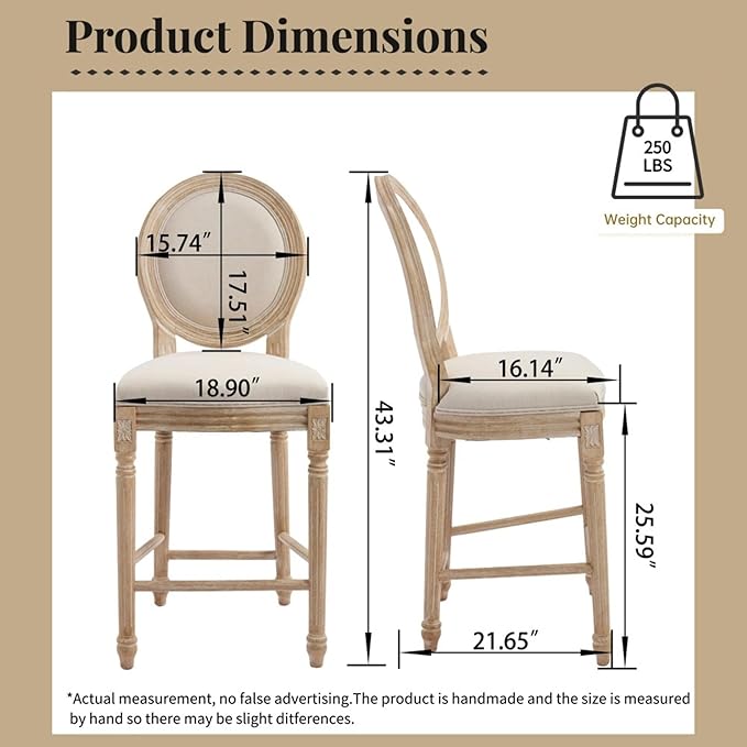 French Country Upholstered Bar Stools Set of Two, Natural Rattan Round Backrest, Solid Wood Frame with Carving and Wire Drawing Techniques, Vintage Dining Chairs for Kitchen Island (Beige B)