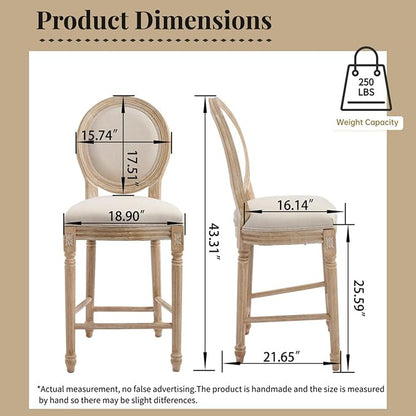 French Country Upholstered Bar Stools Set of Two, Natural Rattan Round Backrest, Solid Wood Frame with Carving and Wire Drawing Techniques, Vintage Dining Chairs for Kitchen Island (Beige B)