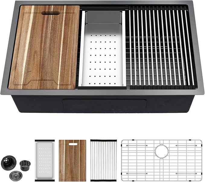 Kichae 33 Black Kitchen Sink Undermount - 33x19 Undermount Kitchen Sink Ledge Workstation 16Gauge Stainless Steel Gunmetal Black Deep Handmade Single Bowl Basin Round Corner