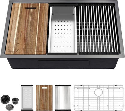 Kichae 33 Black Kitchen Sink Undermount - 33x19 Undermount Kitchen Sink Ledge Workstation 16Gauge Stainless Steel Gunmetal Black Deep Handmade Single Bowl Basin Round Corner