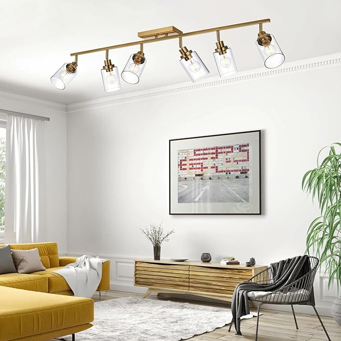 MELUCEE 6 Light Bathroom Vanity Light Fixtures Multi-Directional Rotating Track Lighting Kit Brass, 45.3 Inch Ceiling Spotlight Fixture for Kitchen Foyer Bath, Clear Glass Shade