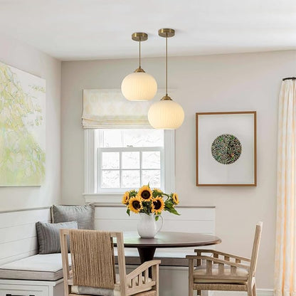Mid Century Milk Glass Pendant Light Fixture Antique Brass Kitchen Pendant Light Ribbed Glass Ceiling Light Small Globe Pendant Lamp Vintage Gold Pendant Lighting (2 Pack)