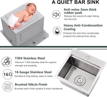 IKEBANA 15x15 Inch Bar Sink Drop in, Brushed Nickel Topmount Small Kitchen Sink, Single Bowl Handmade16 Guage T-304 Stainless Steel Workstation Kitchen Sinks, Outdoor RV Prep Wet Bar Sinks