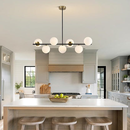 KCO Lighting Black and Brass Linear Pendant Light Mid Century Modern Sputnik Chandelier 7 Lights Milk Glass Globe Kitchen Island Pendant Lighting for Dining Room Living Room