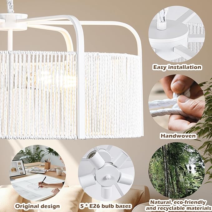 24” Rattan Chandelier, 5-Light Large Hand Woven Boho Chandelier with Fabric Shade, Farmhouse Light Fixtures for Dining Room & Kitchen Island (White, 24")