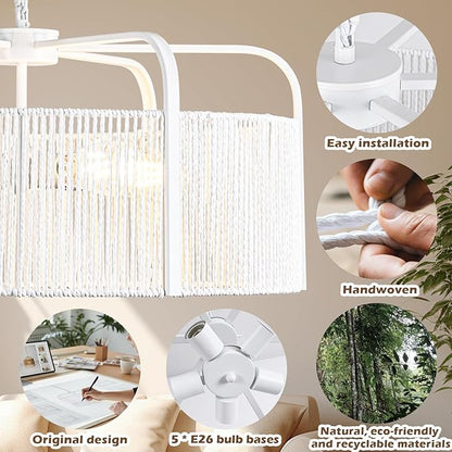 24” Rattan Chandelier, 5-Light Large Hand Woven Boho Chandelier with Fabric Shade, Farmhouse Light Fixtures for Dining Room & Kitchen Island (White, 24")