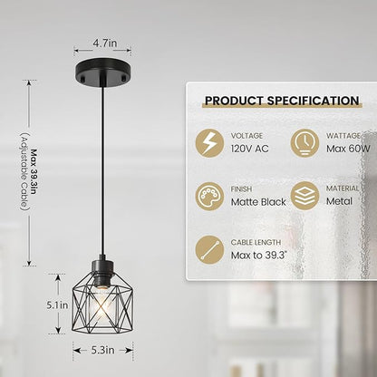 4-Pack Hanging Pendant Light Fixtures, Farmhouse Kitchen Island Light Fixture, Industrial Hanging Pendant Lighting for Dining Room Bedroom Hallway, Black Metal Cage Pendant Lamp, E26 Base