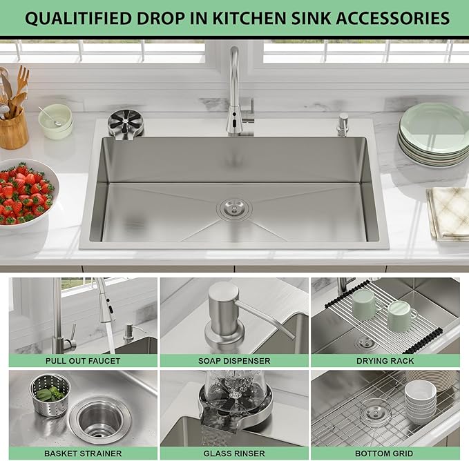36 Drop In Kitchen Sink - Beslend 36x22 Kitchen Sink Drop In with Pull-Out Faucet, Stainless Steel Sinks and Soap Dispenser Topmount 16 Gauge Single Bowl Above Counter Dish Basin 9" Deep