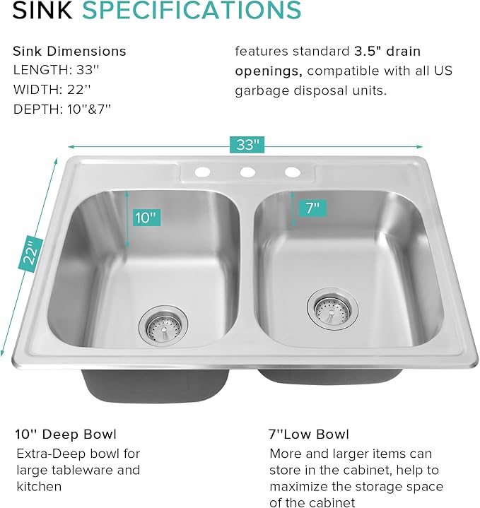 Rhbamoa 33''x22'' Drop In Kitchen Sink,T304 Stainless Steel Sink,50/50 Double Bowl Kitchen Sinks 33 Inch,10'' & 7'' Deep Top Mount Double sinks with 3 Faucet Holes