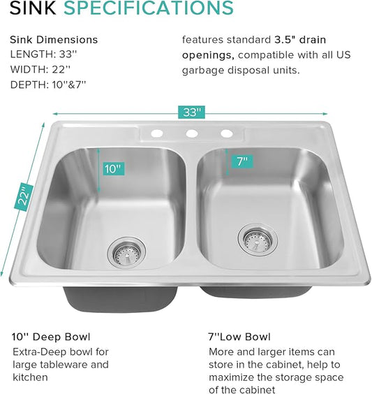 Rhbamoa 33''x22'' Drop In Kitchen Sink,T304 Stainless Steel Sink,50/50 Double Bowl Kitchen Sinks 33 Inch,10'' & 7'' Deep Top Mount Double sinks with 3 Faucet Holes