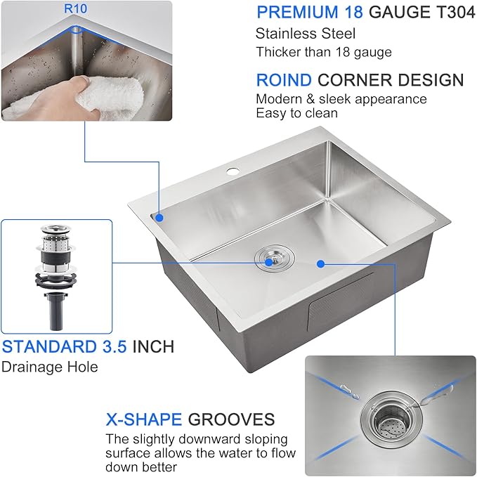 MENATT 25 x 22 Inch Drop In Kitchen Sink, 18 Gauge T-304 Stainless Steel Handmade Single Bowl 1 Faucet Hole Topmount Kitchen Sink, Brushed