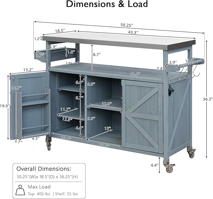 Modern Dining Table Outdoor Kitchen Island with Cabinet, Rolling Bar Cart, Farmhouse Solid Wood Grill Table with Stainless Steel Top, Spice Rack, Towel Rack for Kitchen Dining Room Tables,Blue