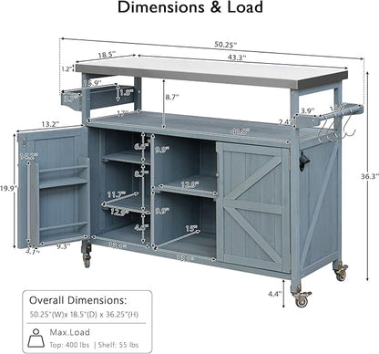 Modern Dining Table Outdoor Kitchen Island with Cabinet, Rolling Bar Cart, Farmhouse Solid Wood Grill Table with Stainless Steel Top, Spice Rack, Towel Rack for Kitchen Dining Room Tables,Blue