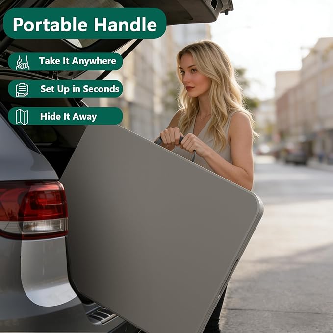 Folding Table 6ft - Heavy Duty Plastic Table with Handle, Foldable & Portable, Fold-in-Half Utility Tables for Outdoor, Dining, Wedding, Events, Indoor, Picnic, Camping, Party (Khaki)