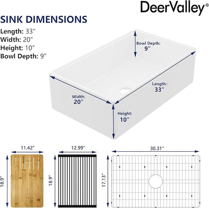 33In White Farmhouse Sinks for Kitchens, DeerValley 33 Inch Farm Kitchen Sink Workstation Flat Apron Front, White Fireclay Single Bowl Kitchen Basin with Cutting Board, Dish Rack & Grid, Easy to Clean