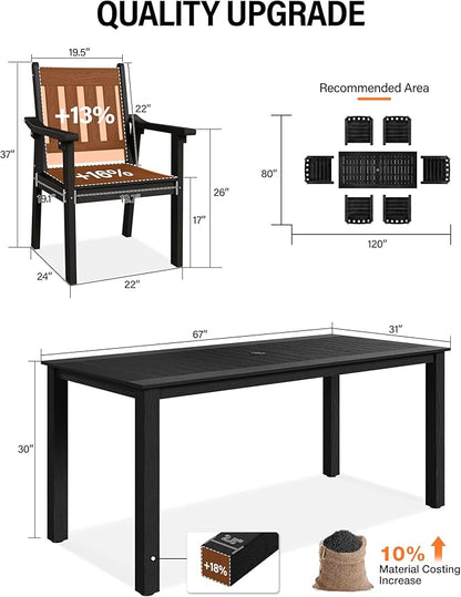 YEFU HIPS Patio Table Set: 10 Piece Outdoor Table and Chairs Dining Furniture Set with Umbrella Hole - Black Modern Plastic Dining Sets 8 Person for Outside Deck with Metal Aluminum Frame