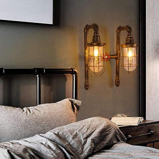TFCFL 2 Light Vintage Steampunk Wall Light, Retro Wall Sconce Light Industrial Water Pipe Wall Lamp Light Fixture E26 60W Max for Bedroom Living Room Bronze Finish
