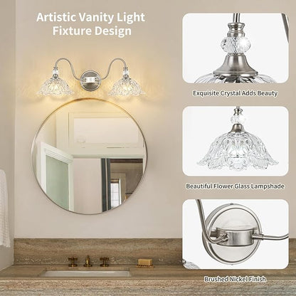 Brushed Nickel Bathroom Vanity Light, 2-Light Vanity Light with Floral Clear Glass Shades, Nickel Wall Mount Lighting for Bathroom, Dressing Table