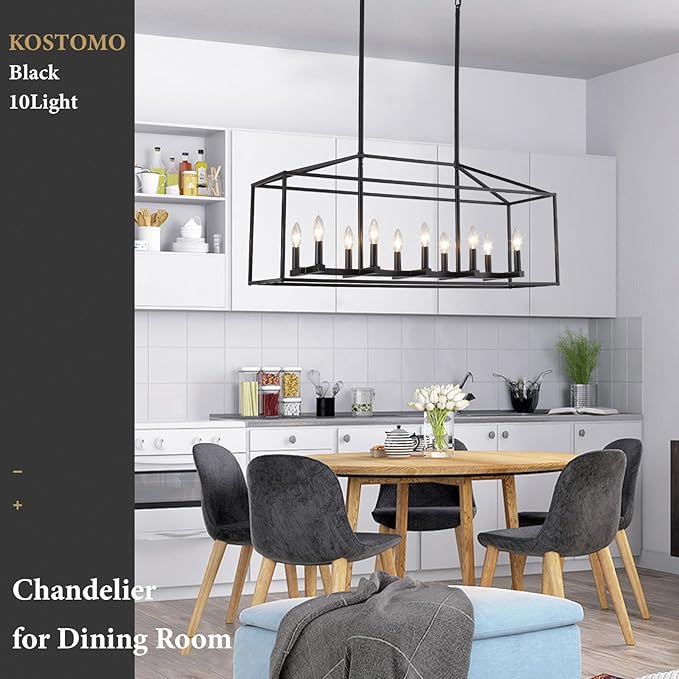 Dining Room Light Fixtures 10-Light Kitchen Island Light Modern Farmhouse Chandeliers Adjustable Height Rectangle Large Chandelier Modern Ceiling Light Black Pendant Light