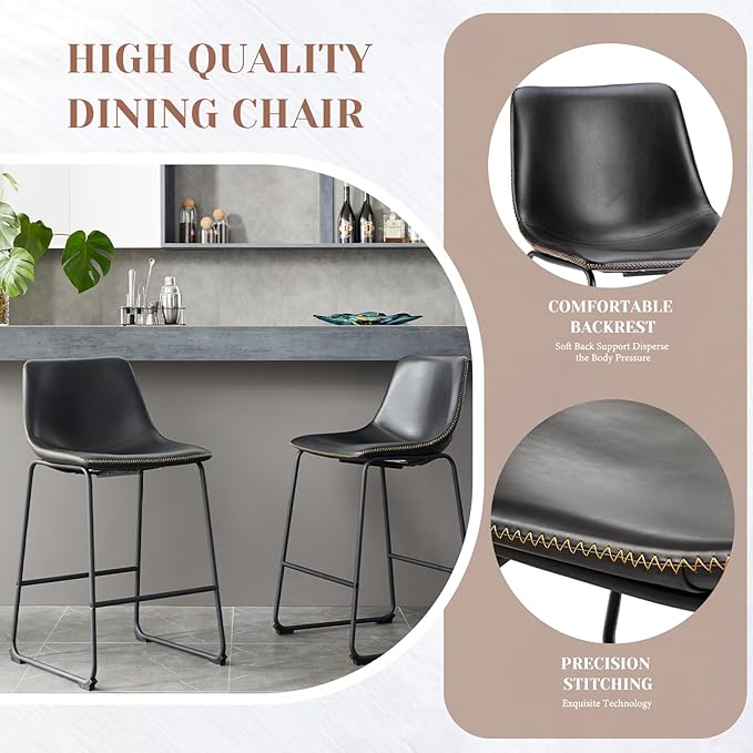 Sweetcrispy Counter Height Bar Stools Set of 2, 30 inch Height Stool Faux Leather Barstools with Back, Armless Kitchen Island Countertop Comfortable Modern Chairs with Metal Legs, Black
