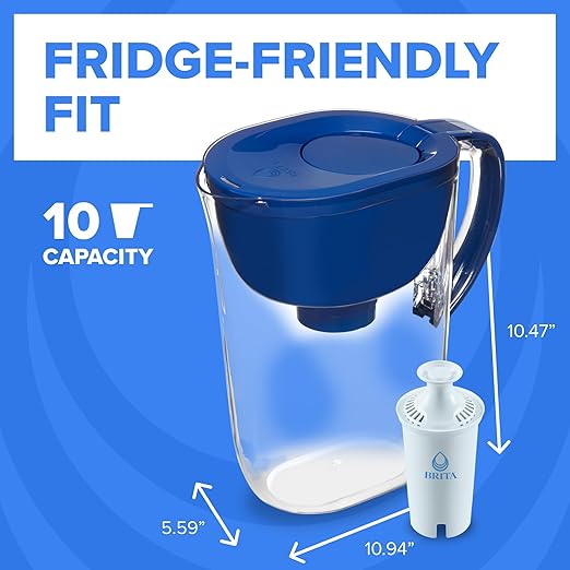 Brita Large 10-Cup Water Filter Pitcher, WQA NSF/ANSI Certified, Removes Chlorine Taste & Odor, Reduces Zinc, Copper & Mercury, 1 Standard Filter, Lasts 2 Months, Blue