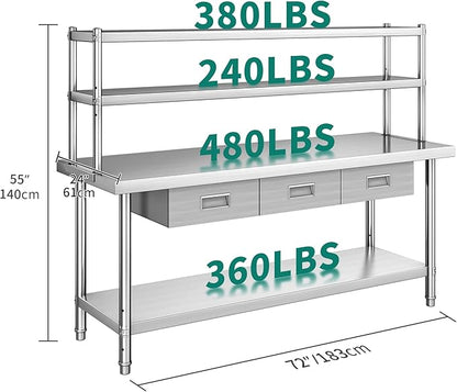 YITAHOME 72"x24" Stainless Steel Work Table with 3 Drawers & Upper Shelf, NSF-Certified Commercial Metal Table with 72"x12" Overshelf, Utility Prep Station