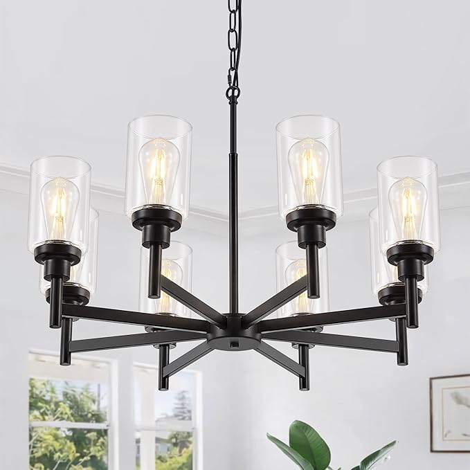 8-Light Farmhouse Glass Chandelier, Modern Black Chandelier for Dining Room Island Lights Industrial Hanging Foyer Lighting Fixtures Chandeliers for Entryway Kitchen Living Room Adjustable Height