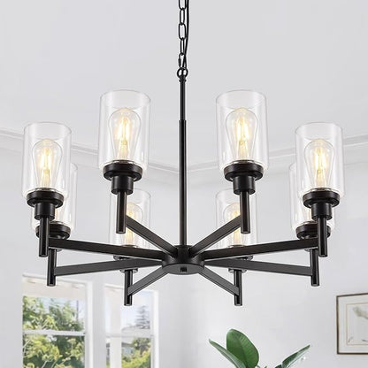 8-Light Farmhouse Glass Chandelier, Modern Black Chandelier for Dining Room Island Lights Industrial Hanging Foyer Lighting Fixtures Chandeliers for Entryway Kitchen Living Room Adjustable Height