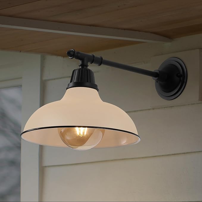 JONATHAN Y 12.25" Matte Almond/Black 1-Light Industrial Farmhouse Outdoor Sconce, Iron Wall Light with LED Bulb, Metal Bowl Shade, Vintage Porch Lamp for Entryway Patio Kitchen (JYL7615J)