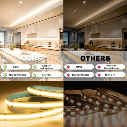 16.4ft COB Led Strip Light, Bright Led Light Strips with Remote and APP, Warm White 3000K COB Lighting Dimmable, 24v Flexible Indoor Tape Lighting for Cabinets, Shelves, Mirrors, Counters