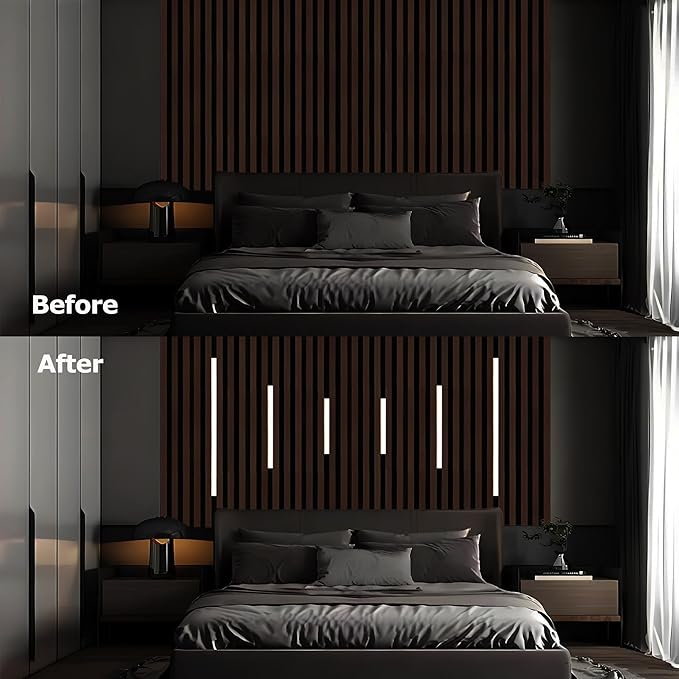 LED Recessed Wall Lighting Kit for Wall Panels CCT COB Strip Lights with Remote Controller, 6pcs Adhesive Wall Strip Lights, Dimmable 3000K-6000K for Wood Slat, Acoustic Panels, Kitchen, Stairs