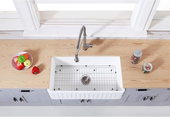 Gourmetier KGKFA361810RM 36-Inch x 18-Inch Single Bowl Apron-Front Farmhouse Kitchen Sink with-Drain and-Rack, Matte White/Brushed