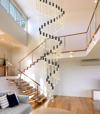 20 foot 48-lights Chandeliers for Living Room Entryway High Ceiling Light Chandelier LED Crystal Pendants Light Sloped Ceiling Chandeliers Staircase Lighting Fixture LED Dimmable Lighting Black