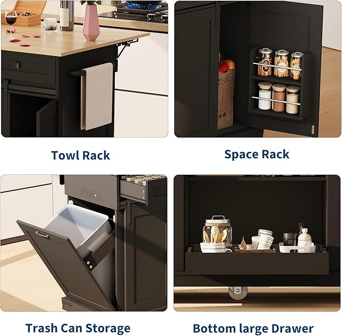 Large Rolling Kitchen Island with Power Outlet, Mobile Kitchen Cart on Wheels with Drop Leaf, 3 Drawers, Trash Can Storage, Spice Rack, Towel Holder, Kitchen Island Table for Dining Room, Home, Black