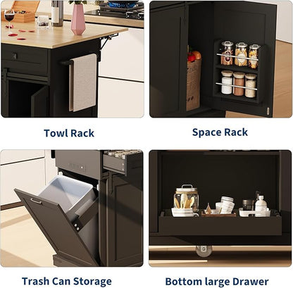 Large Rolling Kitchen Island with Power Outlet, Mobile Kitchen Cart on Wheels with Drop Leaf, 3 Drawers, Trash Can Storage, Spice Rack, Towel Holder, Kitchen Island Table for Dining Room, Home, Black