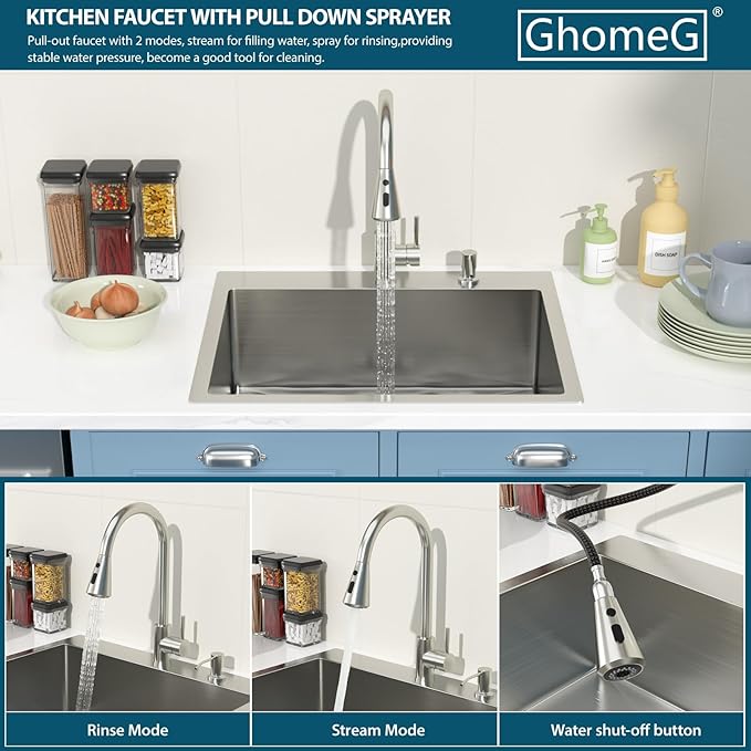 25 Drop In Kitchen Sink With Faucet 25x22 Inch Topmount Sink With Faucet Combo Workstation 16 Gauge Stainless Steel Single Bowl Topmount Basin with All Accessories