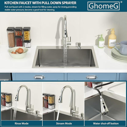25 Drop In Kitchen Sink With Faucet 25x22 Inch Topmount Sink With Faucet Combo Workstation 16 Gauge Stainless Steel Single Bowl Topmount Basin with All Accessories