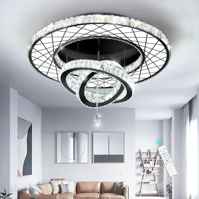 HAIXIANG Crystal Glam Chandelier LED Ceiling Light Dining Bedroom Interior Lighting Fixtures Remote Dimmable Ceiling Chandeliers 24 Inches Black Light