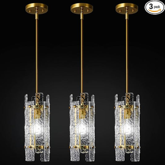 Modern Crystal Pendant Lighting Gold Pendant Lights Mini Glass Chandeliers, Adjustable Pendant Light Fixture for Kitchen Island Bedroom Living Room Dining Room Corridor(3Pack)