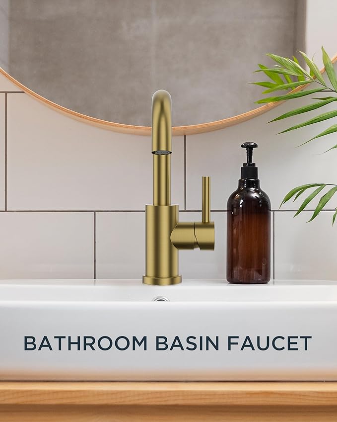 FORIOUS Brushed Gold Bathroom Faucet 1 Hole Single Handle 360° Swivel Gooseneck Spout, with Metal Pop Up Drain and cUPC Supply Line, Suitable for Wet Bar Kitchen RV Vanity Restroom